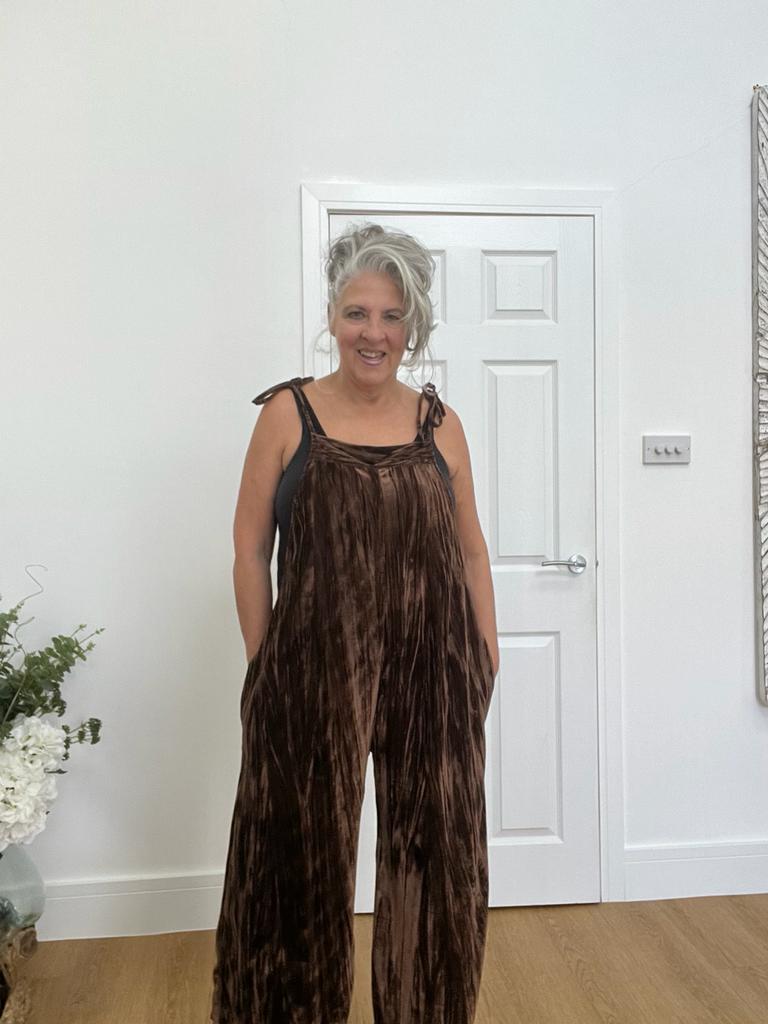 Brown velour wide leg dungarees