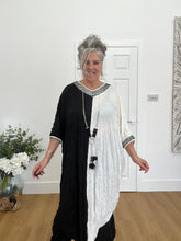 Load image into Gallery viewer, Cover up black and cream crinkle dress with netting detail
