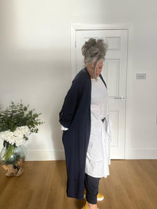 Navy blue ruched back long sweatshirt coat