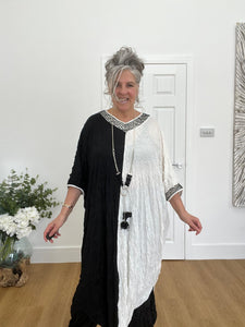 Cover up black and cream crinkle dress with netting detail