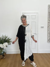 Load image into Gallery viewer, Cover up black and cream crinkle dress with netting detail
